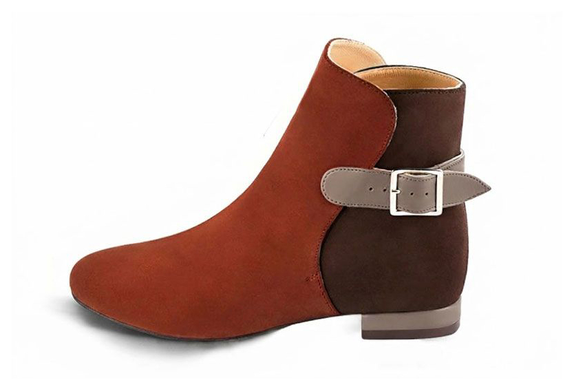 Sophisticated leather ankle boots detailed with an elegant back buckle and heel-strap finish for a distinct couture look, in terracotta and dark brown leather with round toe and low block heel - Florence KOOIJMAN